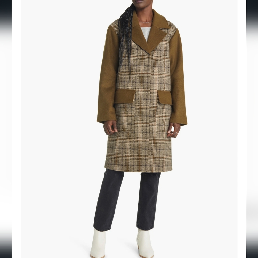 NWT Treasure & Bond Mixed Media Utility Coat Brown Olive Plaid Mix Size S